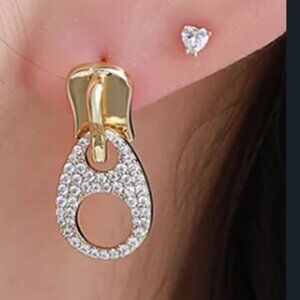 Gold Tone Zipper Stud Drop Earrings with Clear Crystals